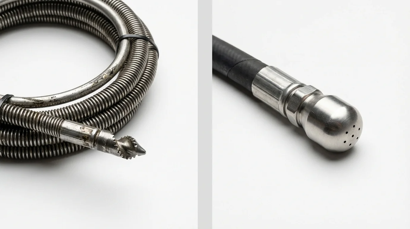 Drain snake cable and hydro jetting nozzle used for drain cleaning in Lincoln, ME