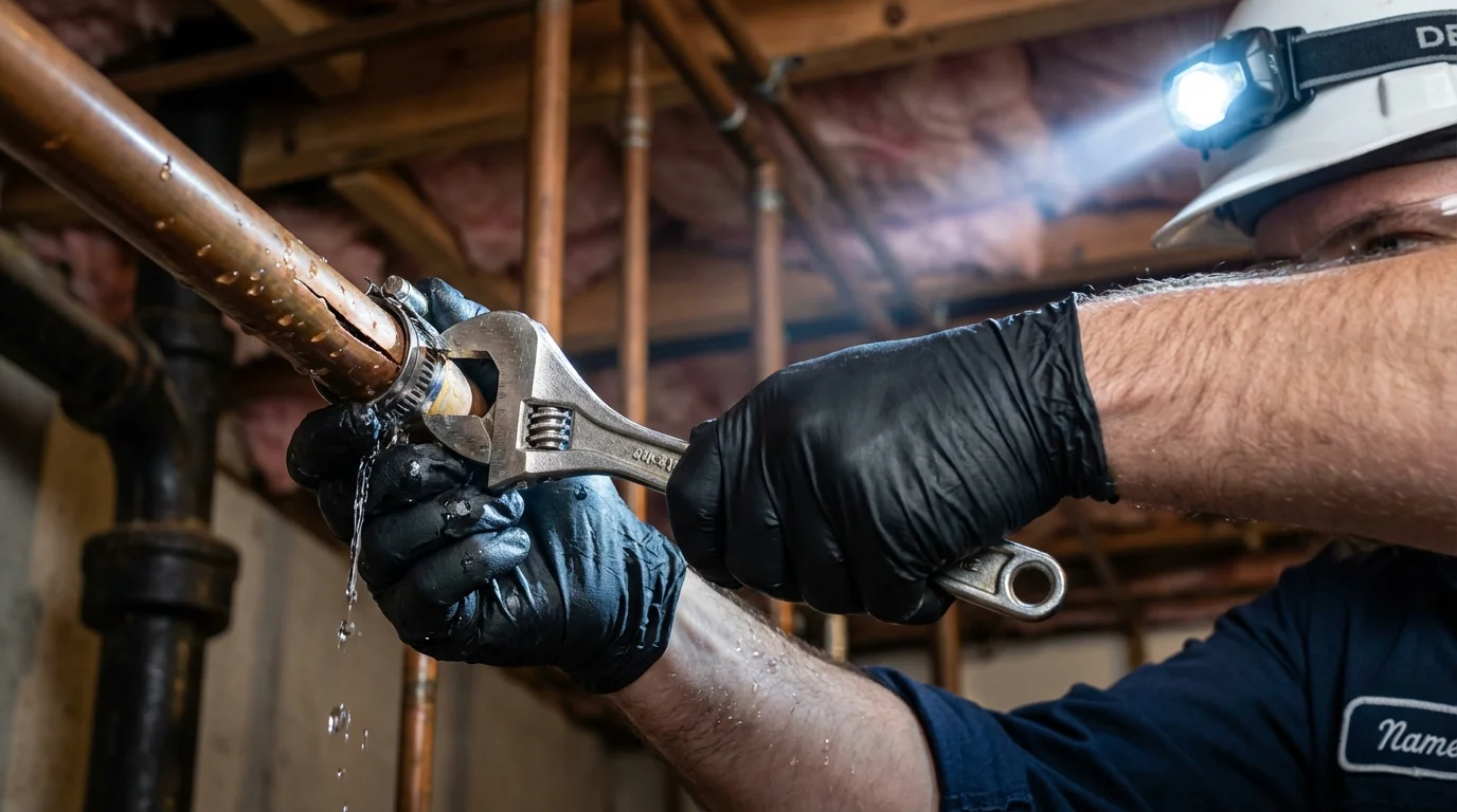 Emergency pipe clamp repair being performed by a Johns Plumbing LLC plumber in Lincoln