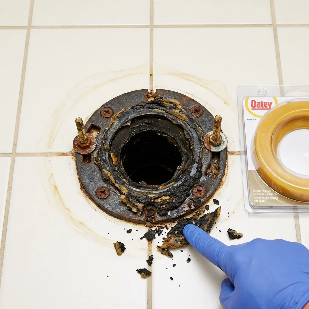Failed wax ring showing water seepage at the base of a toilet in a Lincoln, ME home
