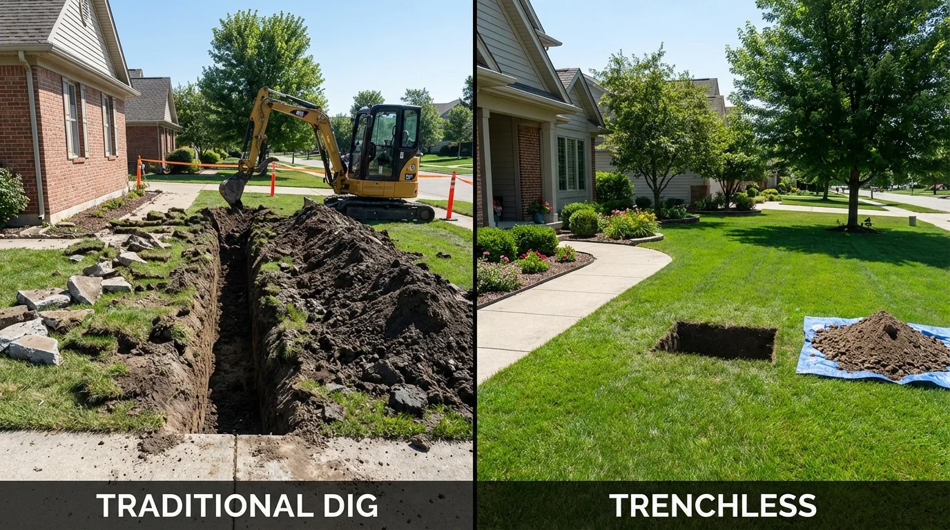 Trenchless sewer repair with minimal yard damage versus traditional excavation in Lincoln, ME