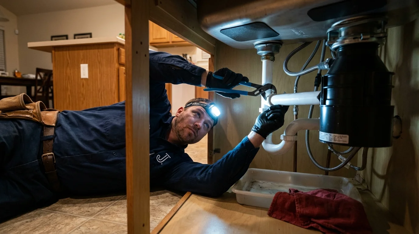 P-trap and supply line connections under a kitchen sink showing a common leak point in Lincoln, ME